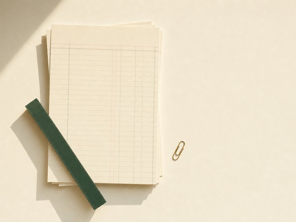 Neat stack of ledger paper with a green ruler and brass paperclip